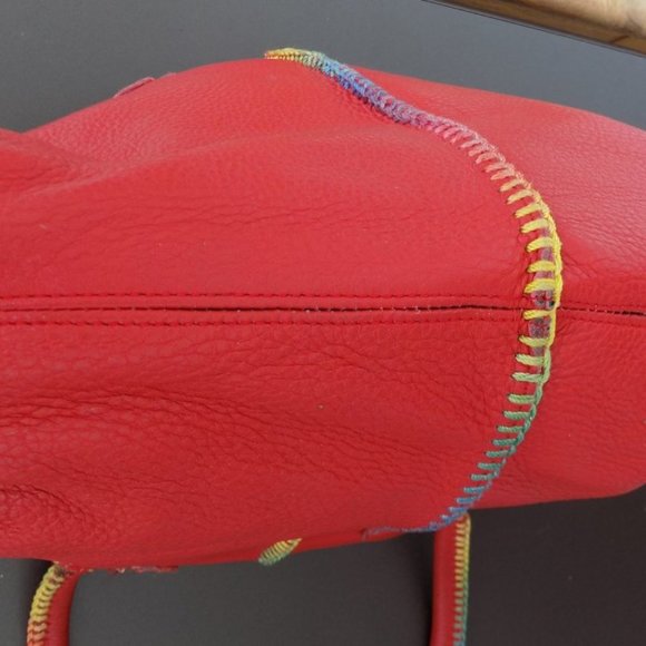 TOTO SHOULDER BAG RED WITH RAINBOW STITCHING & BUTTERFLY EMBELLISHMENT - Picture 7 of 8
